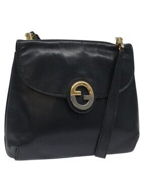 Authentic GUCCI Shoulder Bag Leather Navy Gold